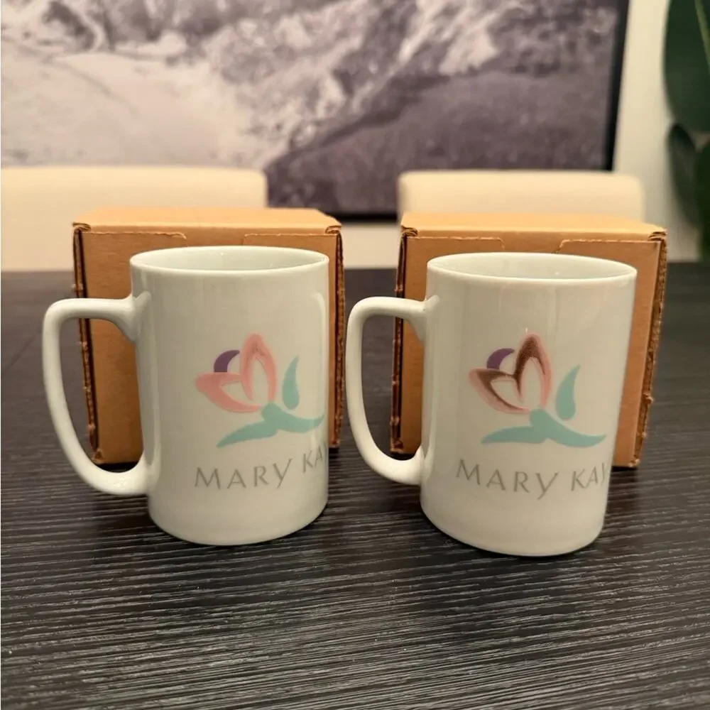 NEW Mary Kay Bundle of (2) Mugs White with Flower Floral Mary Kay Logo Mug